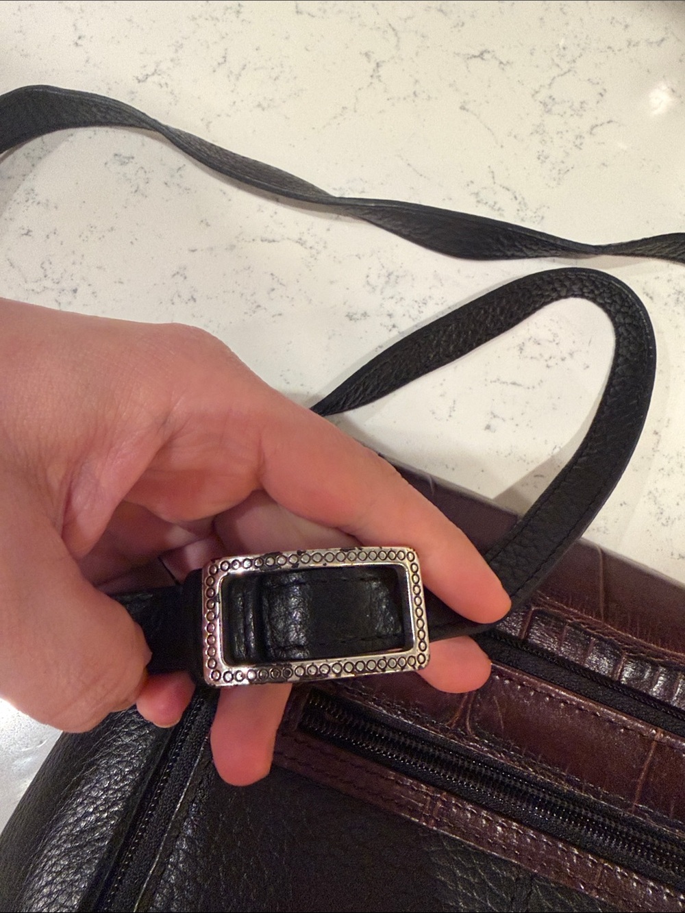 Vintage 90s Brighton Brown and Black Leather Crossbody with Brown Croc-Embossed - Picture 5 of 12